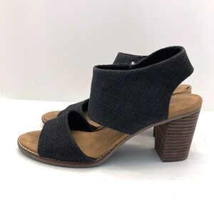 TOMS Majorca Black Denim Cutout Block Heel Sandals Side Zip Womens 9.5